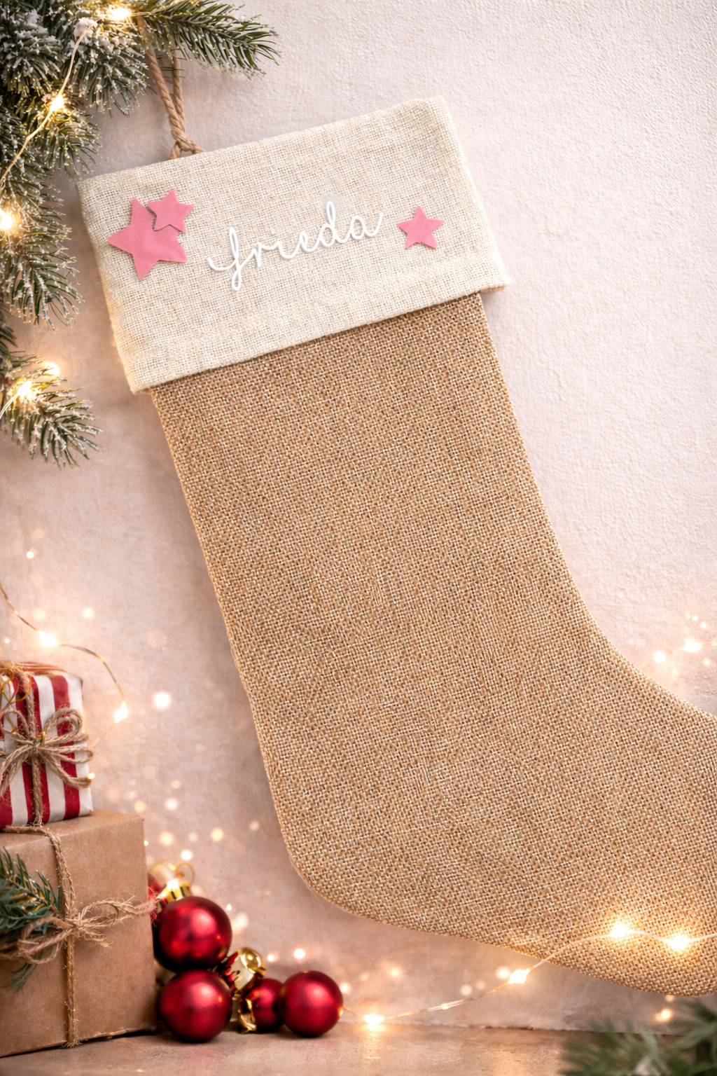 Personalisierter Nikolausstrumpf aus Jute mit Namen – Weihnachtsstrumpf mit Sternen – Rosa oder Türkis